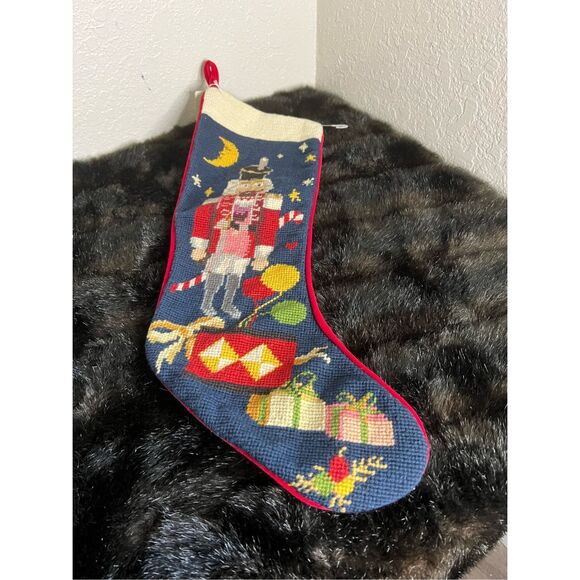New Vintage Nutcracker Moon Clouds Needlepoint Stocking Christmas Holiday Red Ba
